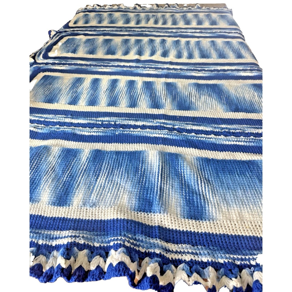 Handmade Crochet Afghan Throw Blue White Artisan Ruffle Shell Border 60 X 72" in - Picture 3 of 13